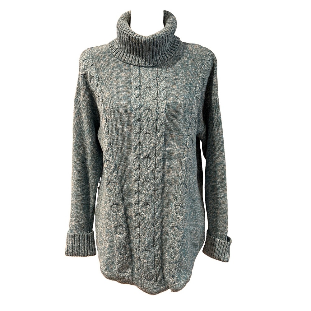 L.L.Bean Women's Cable Knit Turtleneck Sweater Blue 100% Cotton Size L